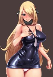 1girl alternate_color bare_arms bare_shoulders black_dress blonde_hair blue_eyes blush bodycon breasts brown_background cleavage closed_mouth collarbone covered_navel cowboy_shot creatures_(company) cynthia_(pokemon) detached_collar dress eyes_visible_through_hair full-face_blush fur_collar game_freak groin hair_ornament hair_over_one_eye hand_on_breast hand_on_own_chest ishimiso_(ishimura) large_breasts long_hair looking_at_viewer microdress microskirt nintendo panties pantyshot pokemon pokemon_dppt short_dress simple_background skin_tight skindentation skirt sleeveless sleeveless_dress smile solo standing straight_hair thigh_gap thighs tight_clothes tight_dress tsurime underwear very_long_hair white_panties rating:Sensitive score:227 user:danbooru