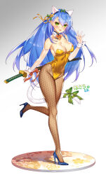1girl animal_ears blue_hair blush breasts cat_ears cat_tail cleavage commission commissioner_name gold_leotard green_eyes hair_ornament highleg highleg_leotard highres holding holding_weapon katana large_breasts leotard long_hair medium_breasts munlu_(wolupus) nabeshima_naoshige_(sengoku_bushouki_muramasa) sengoku_bushouki_muramasa skeb_commission solo sword tail weapon
