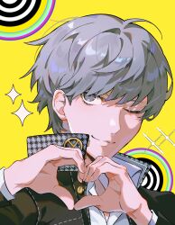  1boy absurdres bibi_booom closed_mouth collared_shirt grey_eyes grey_hair hair_between_eyes heart heart_hands highres jacket long_sleeves looking_at_viewer male_focus narukami_yuu one_eye_closed persona persona_4 school_uniform shirt simple_background solo sparkle upper_body white_shirt yasogami_school_uniform yellow_background 
