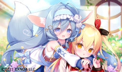  2girls :d angelic_link animal_ear_fluff animal_ears belt belt_buckle blonde_hair blue_bow blue_hairband blue_sailor_collar blurry blurry_background bow brown_belt brown_eyes buckle building day depth_of_field detached_sleeves dress flower grey_eyes grey_hair hair_between_eyes hair_ornament hair_ribbon hairband hug hug_from_behind long_sleeves multiple_girls official_art one_side_up open_mouth outdoors puffy_long_sleeves puffy_sleeves ribbon rose sailor_collar sailor_dress sleeveless sleeveless_dress sleeves_past_wrists smile star_(symbol) star_hair_ornament tail usashiro_mani white_dress white_flower white_rose white_sleeves window yellow_ribbon 