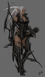  1girl absurdres arm_tattoo armor arrow_(projectile) bow_(weapon) breasts cleavage collarbone colored_skin commentary dark-skinned_female dark_elf dark_skin drill_(emilio) elf full_body gloves green_skin grey_background grey_hair high_heels highres holding holding_bow_(weapon) holding_weapon leg_tattoo long_hair long_pointy_ears looking_at_viewer medium_breasts muscular muscular_female neytharone_(drill_(emilio)) original pointy_ears ponytail red_eyes simple_background solo spiked_armor standing tattoo weapon 
