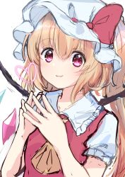  1girl ascot blonde_hair closed_mouth collared_shirt flandre_scarlet frilled_shirt_collar frilled_sleeves frills hair_between_eyes hat hat_ribbon heart highres light_smile long_hair looking_at_viewer multicolored_wings one_side_up own_hands_together puffy_sleeves red_eyes red_ribbon red_vest ribbon ribbon-trimmed_headwear ribbon_trim rpameri shirt solo steepled_fingers touhou vest white_background white_hat white_shirt wings yellow_ascot 