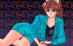  1990s_(style) 1girl aliasing blue_eyes bow breasts brown_hair character_request circuit_board computer_chip denim denim_jacket denim_skirt forest_co.,_ltd. hair_bow high_ponytail jacket looking_at_viewer lying medium_breasts miniskirt ningyou_tsukai_1 on_side pc98 retro_artstyle skirt skirt_set solo white_bow 