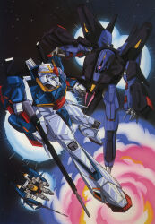  1980s_(style) artist_request battle beam_cannon beam_rifle duel energy_gun explosion gundam gundam_mk_ii highres key_visual mecha messala mobile_suit official_art oldschool one-eyed production_art promotional_art retro_artstyle robot scan science_fiction space star_(symbol) starry_background super_gundam thrusters traditional_media v-fin weapon zeta_gundam zeta_gundam_(mobile_suit) 
