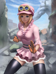  1girl bad_link belt belt_buckle black_thighhighs blue_eyes blue_sky breasts broken_window buckle building clenched_hand closed_mouth cloud day destruction facing_viewer fighting_stance frills gloves goggles gohpot happy hat highres koala_(one_piece) large_breasts one_piece orange_hair outdoors pleated_skirt rubble short_hair skirt sky smile solo standing statue thighhighs window  rating:Sensitive score:28 user:loliawesome_
