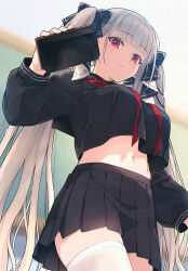  1girl azur_lane black_sailor_collar black_serafuku black_skirt blurry blurry_background blush board_eraser breasts closed_mouth cowboy_shot crop_top crop_top_overhang cropped_shirt formidable_(azur_lane) formidable_(the_lover&#039;s_heart_flutters_on_duty)_(azur_lane) from_below grey_hair hair_ornament highres large_breasts long_hair long_sleeves looking_at_viewer midriff miniskirt navel neckerchief official_alternate_costume pleated_skirt puffy_long_sleeves puffy_sleeves red_eyes red_neckerchief sailor_collar saipaco school_uniform serafuku skirt solo sweat thighhighs twintails upper_body very_long_hair white_thighhighs zettai_ryouiki 