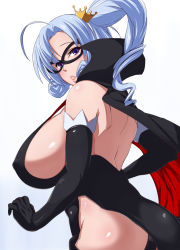  10s 1girl :o arsene bare_shoulders blue_hair breasts cape covered_erect_nipples crown domino_mask elbow_gloves gloves gradient_background henriette_mystere huge_breasts long_hair looking_back mask mini_crown open_mouth purple_eyes side_ponytail sideboob solo tantei_opera_milky_holmes thighs toshi_aki  rating:Questionable score:79 user:Draq