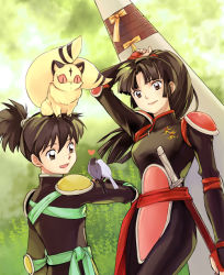  1boy 1girl armor bird bodysuit brother_and_sister brown_eyes brown_hair grass heart inuyasha katana kirara kirara_(inuyasha) kohaku_(inuyasha) mocha_y multiple_tails on_head ponytail sango_(inuyasha) sheath sheathed siblings sword tail weapon  rating:Sensitive score:18 user:danbooru