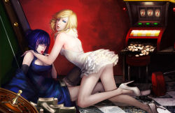  10s 2girls asymmetrical_clothes backless_dress backless_outfit black_legwear blonde_hair breasts candy cleavage coin dress elbow_gloves food gloves hand_on_shoulder high_heels kneeling large_breasts lips lollipop long_hair money multicolored_hair multiple_girls nail_polish narrow_waist noa_ikeda one_eye_closed panty_&amp;_stocking_with_garterbelt panty_(psg) realistic roulette shoes siblings single_glove single_thighhigh sisters sitting slot_machine stocking_(psg) stool thighhighs two-tone_hair wink  rating:Sensitive score:82 user:danbooru