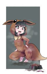 1girl absurdres animal_hood black_hair blush border bowl cameltoe cleft_of_venus condom cosplay covered_erect_nipples creatures_(company) cum cum_on_food dark_yaoi drooling eevee eevee_(cosplay) female_focus flat_chest game_freak gen_1_pokemon gokkun heart heart-shaped_pupils highres hood kigurumi loli navel nintendo open_mouth pet_bowl pet_food poke_kid_(pokemon) pokemon pokemon_swsh pussy pussy_juice pussy_juice_drip pussy_juice_drip_through_clothes pussy_juice_puddle pussy_juice_stain pussy_juice_trail solo squatting symbol-shaped_pupils tail tiptoes tongue tongue_out uncensored used_condom wet wet_clothes white_border rating:Explicit score:163 user:Dweenie