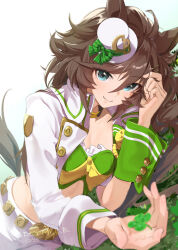  1girl ahoge animal_ears breasts brown_hair choker cleavage closed_mouth clover commentary_request crop_top cropped_jacket four-leaf_clover green_eyes green_shirt hair_between_eyes hair_ornament hairclip hat horse_ears horse_girl horse_tail jacket long_hair long_sleeves looking_at_viewer lying medium_breasts midriff mini_hat mini_top_hat misu_kasumi mr._c.b._(umamusume) on_grass on_side pants shadow shirt sidelocks simple_background single_sleeve sleeve_cuffs smile solo strapless strapless_shirt tail top_hat umamusume white_pants yellow_choker  rating:Sensitive score:6 user:danbooru