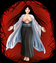  1girl black_hair bleach blue_eyes breasts female_focus hair_down highres japanese_clothes katzueki large_breasts long_hair nipples open_clothes scar solo standing unohana_retsu  rating:Questionable score:27 user:11uno11