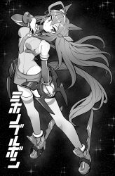  1girl absurdres ahoge animal_ears between_breasts breasts character_name commentary detached_sleeves from_side full_body greyscale hairband highres horse_ears horse_girl horse_tail leotard long_hair long_sleeves looking_at_viewer mihono_bourbon_(umamusume) monochrome necktie necktie_between_breasts sbql_(niaunclefan) solo tail translated umamusume 