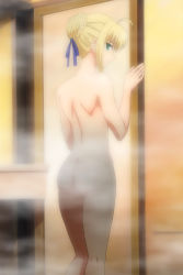 1girl absurdres ahoge artoria_pendragon_(all) artoria_pendragon_(fate) ass back backboob bare_arms bare_back bare_legs bare_shoulders bathroom blonde_hair braid breasts censored convenient_censoring fate/stay_night fate_(series) french_braid green_eyes hair_ornament hair_ribbon hat highres indoors looking_at_viewer looking_back nude ribbon saber_(fate) screencap solo standing steam steam_censor stitched thighs third-party_edit rating:Questionable score:63 user:V1h7u2
