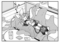  1girl artist_self-insert barefoot border bow_hairband coffee_table couch creature cropped_shirt desk detached_sleeves from_above greyscale hair_ornament hairband hairclip haramaki indoors kagamine_rin leg_warmers looking_at_another looking_to_the_side lying monochrome neckerchief on_back on_couch original sailor_collar shirt short_hair short_shorts shorts sleeveless sleeveless_shirt slime_(substance) swept_bangs table textless_version tokita_(jyabarachan) vocaloid wooden_floor 