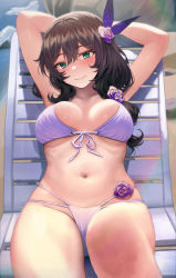  1girl absurdres armpits arms_up bikini blush breasts breasts_apart brown_hair closed_mouth day flower foreshortening genshin_impact green_eyes hair_flower hair_ornament highres large_breasts lisa_(genshin_impact) long_hair looking_at_viewer lying mochirong multi-strapped_bikini navel on_back outdoors purple_bikini purple_flower purple_rose rose smile solo stomach swimsuit  rating:Sensitive score:107 user:danbooru