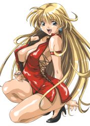  1girl amano_yo-ki arm_strap bare_legs black_footwear blonde_hair blue_eyes breasts cleavage dress earrings fang high_heels highres jewelry large_breasts long_hair non-web_source open_mouth original partially_unzipped red_dress shiny_clothes shiny_skin simple_background solo squatting teeth unzipping upper_teeth_only very_long_hair white_background zipper zipper_pull_tab 