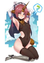 1girl ? absurdres armpits arms_up asa_(teng_zi) black_legwear black_leotard blue_eyes breasts bridal_veil clothing_cutout covered_erect_nipples covered_navel elbow_gloves fate/apocrypha fate_(series) flower frankenstein&#039;s_monster_(fate) full_body gloves green_eyes headgear heterochromia highres horns kneeling leotard looking_at_viewer medium_breasts nipples open_mouth pink_hair see-through shiny_skin short_hair side_cutout single_horn skin_tight solo spoken_question_mark veil white_gloves rating:Questionable score:85 user:danbooru