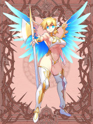 1girl abs blonde_hair blue_eyes boots breasts dairoku_ryouhei flower full_body hair_flower hair_ornament holding holding_weapon huge_breasts muscular muscular_female navel polearm short_hair snail8 solo thigh_boots thighhighs underboob weapon white_thighhighs wings rating:Sensitive score:17 user:danbooru