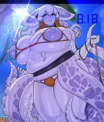  1girl blue_sky blurry blurry_background breasts brown_collar cameltoe cleft_of_venus collar commentary_request elbow_gloves feet_out_of_frame gen&#039;en_(sioherashi) gloves hair_between_eyes half-closed_eyes holding huge_breasts looking_at_viewer monster_girl muffin_top navel nipples open_mouth original outdoors skindentation sky solo sweat tareme tentacles thick_thighs thighs white_gloves 