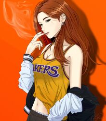  1girl absurdres black_jacket black_pants breasts brown_hair cigarette cleavage commentary earrings english_commentary glint green_eyes hair_behind_ear head_tilt highres holding holding_cigarette huh_yun-jin imlyra jacket jewelry k-pop le_sserafim lip_piercing long_hair los_angeles_lakers medium_breasts midriff navel off_shoulder orange_background pants piercing real_life smoking solo tank_top yellow_tank_top 