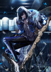  1boy absurdres antinese arthropod_boy arthropod_limbs black_hair blue_eyes bug butterfly cape collared_shirt crown diamond_hairband dragonfly_wings fate/grand_order fate_(series) full_body fur-trimmed_cape fur_trim highres insect insect_wings long_sleeves looking_at_viewer male_focus medium_hair mirror moth oberon_(fate) oberon_(third_ascension)_(fate) portal_(object) shirt smile solo white_shirt wing_cape wings 