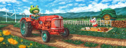  animal_crossing blue_sky cow dirt_road grass highres house looking_ahead mountainous_horizon nintendo omochi_freedom picnic picnic_basket prince_(animal_crossing) road sky tipper_(animal_crossing) tractor waving windmill 