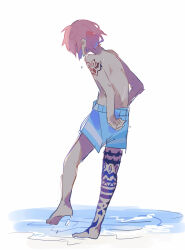  1boy absurdres alternate_hairstyle arm_tattoo back commentary_request dripping facing_away from_behind full_body highres hip_tattoo leg_tattoo male_swimwear original pink_hair raito-kun_(uenomigi) shoulder_tattoo sidelocks simple_background swim_trunks tattoo tattoo_on_belly tattoo_on_hip tattoo_on_leg trunks uenomigi water wet white_background 