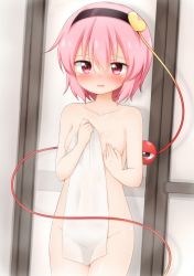 1girl blush breasts collarbone covering_breasts covering_privates cowboy_shot hairband heart highres indoors komeiji_satori looking_at_viewer medium_breasts naked_towel nude_cover pink_eyes pink_hair short_hair solo standing steam suwa_yasai third_eye touhou towel rating:Questionable score:15 user:danbooru