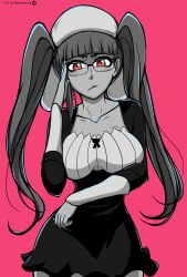  1girl absurdres adjusting_eyewear arm_under_breasts bespectacled black_dress bleach blunt_bangs blush breasts closed_mouth collarbone commentary cowboy_shot curvy dokugamine_riruka dress english_commentary eyebrows_hidden_by_hair eyelashes frown glasses greyscale hand_up hat highres large_breasts long_hair looking_at_viewer mistowing monochrome pink_background red_eyes short_dress simple_background single_sidelock sleeves_past_wrists solo straight_hair twintails twitter_username very_long_hair white_hat  rating:General score:7 user:danbooru