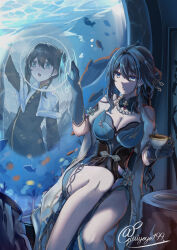  1girl aged_down aqua_collar aqua_dress aqua_eyes aqua_gloves aqua_shorts aquarium bare_legs bare_shoulders bead_necklace beads black_dress black_hair breasts chinese_clothes cleavage clothing_cutout commentary covered_navel cup different_reflection dna dress earrings fish fishbowl_helmet flower fur-trimmed_jacket fur_trim gloves hair_between_eyes hair_bun hair_intakes hair_ornament helmet highres holding holding_cup honkai:_star_rail honkai_(series) jacket jewelry kouno_(uiyoyo199) large_breasts long_hair looking_ahead looking_at_another multiple_views necklace on_chair open_mouth plate reflection ripples ruan_mei_(honkai:_star_rail) see-through_dress_layer shorts shoulder_cutout signature single_hair_bun sitting solo space_helmet symbol-only_commentary table tea thigh_strap white_jacket 