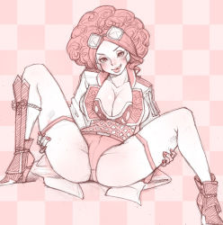  1girl afro bad_id bad_pixiv_id blush breasts cleavage goggles goggles_on_head high_heels koshoushou large_breasts licking_lips lips looking_at_viewer maou_alba monochrome nail_polish sengoku_musou sengoku_musou_4 sketch solo spread_legs tongue tongue_out  rating:Questionable score:37 user:danbooru