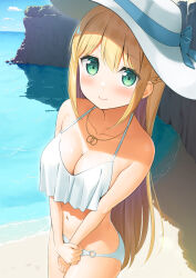 1girl apollo_(hu_maple) beach bikini blonde_hair blush bow breasts commentary covering_crotch covering_privates day green_eyes hat hat_bow highres jewelry large_breasts long_hair necklace o-ring o-ring_bikini o-ring_bottom original outdoors ring ring_necklace rock sidelocks smile solo swimsuit white_bikini white_swimsuit rating:Sensitive score:12 user:danbooru