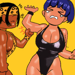  2girls arms_up arung_samudra_(cessa) black_hair black_leotard blue_hair borrowed_character breasts cessa cleavage commentary cowboy_shot english_commentary closed_eyes headband highleg highleg_leotard large_breasts leotard lowres multiple_girls muscle_conscious no_nose ombok_diving_and_delivery_services rina_atherina  rating:Sensitive score:16 user:danbooru