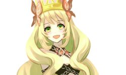  1girl blonde_hair butterfly_hair_ornament celine_(fire_emblem) cross-laced_clothes cross-laced_dress crown fire_emblem fire_emblem_engage green_eyes hair_ornament long_hair meegon01 nintendo open_mouth orange_gemstone princess smile solo white_background 