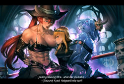 abs arsonichawt blonde_hair blue_eyes blush breast_sucking breasts earrings elbow_sleeve english_text fff_threesome fingering green_eyes group_sex hat highres horns jewelry lactation large_breasts letterboxed monster_girl muscular muscular_female original red_hair saliva skull slime_girl thighs threesome tiara witch_hat yuri rating:Explicit score:17 user:danbooru