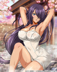  10s 1girl armpits arms_behind_head blush breasts flower grey_eyes hair_over_one_eye ikkitousen kan&#039;u_unchou large_breasts long_hair looking_at_viewer official_art onsen purple_hair sitting very_long_hair  rating:Questionable score:27 user:reignsofterror
