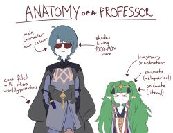  1boy 1girl :3 absurdres ahoge anatomy_of_a_gamer_(meme) armor arrow_(symbol) black_armor black_cape blue_hair byleth_(fire_emblem) byleth_(male)_(fire_emblem) cape closed_mouth commentary english_commentary english_text fire_emblem fire_emblem:_three_houses height_difference highres long_hair meme nintendo pointy_ears short_hair simple_background sothis_(fire_emblem) sunglasses twintails very_long_hair white_background zipperqr 