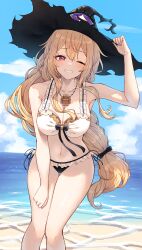  1girl absurdres arm_up armpits bare_arms bare_shoulders beach bikini black_hat blonde_hair breasts cleavage collarbone dorothy_(shingeki_no_bahamut) feet_out_of_frame frilled_bikini frills front-tie_bikini_top front-tie_top gluteal_fold grin hand_on_headwear hand_on_own_thigh hat highres jewelry large_breasts long_hair looking_at_viewer low-tied_long_hair navel necklace one_eye_closed red_eyes shadowverse shingeki_no_bahamut side-tie_bikini_bottom smile solo standing stomach swimsuit thigh_gap thighs torn_clothes torn_hat very_long_hair white_bikini witch_hat yamato_(muchuu_paradigm) 