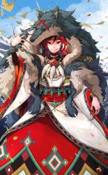 1girl asymmetrical_bangs bandana black_sleeves blue_sky bracelet brown_hair closed_mouth cloud coat coat_on_shoulders confetti dress fang fang_out fingernails fur_coat grey_pupils hand_up hokuto_(scichil) imaizumi_kagerou imaizumi_kagerou_(zodiac_race) jewelry layered_dress layered_sleeves leaf long_dress long_hair long_sleeves looking_at_viewer multiple_rings necklace official_alternate_costume official_art orange_eyes red_bandana red_eyes red_skirt ring scar scar_on_face sharp_fingernails skirt sky smile tassel third-party_source tooth_hair_ornament tooth_necklace touhou touhou_cannonball v-shaped_eyebrows white_dress wide_sleeves wolf