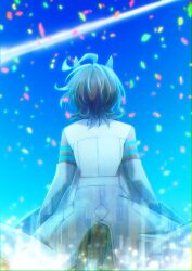  1girl agnes_tachyon_(umamusume) ahoge animal_ears armband blue_sky clothing_cutout coat commentary_request confetti cowboy_shot day from_behind highres horse_ears horse_girl horse_tail lab_coat long_sleeves messy_hair ruisuke short_hair sky solo tail tail_through_clothes umamusume umamusume:_beginning_of_a_new_era white_coat 