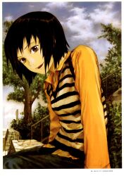  1girl abe_yoshitoshi absurdres bench black_hair border breasts brown_eyes cloud cloudy_sky company_name day fence highres long_sleeves looking_at_viewer nakahara_misaki nhk_ni_youkoso! non-web_source open_mouth outdoors scan shirt short_hair sitting sky small_breasts smile solo striped_clothes striped_vest tree vest white_border yellow_shirt 