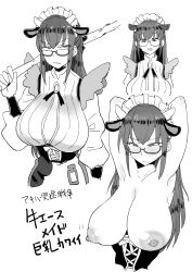  1girl akiba_maid_sensou animal_ears armpits arms_up black_corset blush breasts character_name copyright_name corset cow_ace_maid cow_ears cow_horns cropped_torso greyscale haitukun hanging_breasts highres holding holding_stick horns huge_breasts juliet_sleeves long_hair long_sleeves maid maid_headdress monochrome multiple_views puffy_sleeves semi-rimless_eyewear simple_background stick upper_body v-shaped_eyebrows white_background 