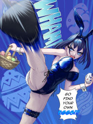  1girl angry animal_ear_hairband animal_ears basket black_hair blue_eyes blue_flower blue_hair blue_leotard blue_nails boros_(ouro_kronii) breasts bridal_garter cahryos colored_inner_hair commentary easter easter_egg egg english_commentary english_text fake_animal_ears fishnet_pantyhose fishnets flower groin hair_intakes hairband high_heels high_kick highleg highleg_leotard highres holding holding_basket holding_egg hololive hololive_english incoming_attack incoming_kick kicking large_breasts leotard looking_at_viewer multicolored_hair nail_polish open_mouth ouro_kronii pantyhose playboy_bunny pumps rabbit_ear_hairband rabbit_ears short_hair shouting side-tie_leotard solo speech_bubble strapless strapless_leotard virtual_youtuber  rating:Sensitive score:11 user:danbooru