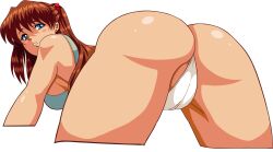  1girl alcione_makoto all_fours ass ass_focus bare_legs blue_eyes blush brown_hair cameltoe cleft_of_venus foreshortening highres huge_ass long_hair looking_at_viewer looking_back micro_panties naughty_face neon_genesis_evangelion open_mouth panties presenting skindentation skirt solo source_request souryuu_asuka_langley thong transparent_background underwear white_panties wide_hips 