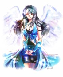  1990s_(style) 1girl bike_shorts black_hair breasts brown_eyes cleavage female_focus final_fantasy final_fantasy_viii jewelry krst00 large_breasts long_hair looking_at_viewer necklace rinoa_heartilly shorts signature smile solo wings  rating:Sensitive score:7 user:gabbad