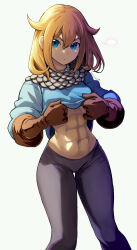  1girl abs absurdres armor artist_name blue_eyes breasts brown_gloves brown_hair chloe_(unicorn_overlord) clothes_lift commentary english_commentary eudetenis gloves highres lifted_by_self long_sleeves looking_at_viewer medium_breasts muscular muscular_female navel procreate_(medium) scale_armor shirt_lift simple_background stomach unicorn_overlord white_background 