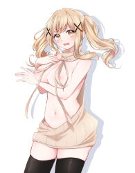  absurdres arm_under_breasts arm_up backwards_virgin_killer_sweater bang_dream! black_thighhighs blonde_hair blush breasts brown_sweater commentary_request embarrassed hair_ornament highres hip_bones ichigaya_arisa korean_commentary lalala_(bandori) large_breasts meme_attire navel open_mouth poppin&#039;party revealing_clothes shadow standing sweater thighhighs topless twintails upper_body virgin_killer_sweater wavy_mouth white_background wide_hips x_hair_ornament yellow_eyes you&#039;re_doing_it_wrong zettai_ryouiki 