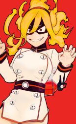  1girl absurdres artist_request belt belted_dress black_hairband boku_no_hero_academia breasts brown_eyes burnin_(boku_no_hero_academia) buttons claw_pose clenched_hands clenched_teeth collared_dress crazy_eyes double-breasted dress evil_smile eye_mask eyebrows_visible_through_mask eyelashes facing_viewer fangs female_focus fiery_hair fire fire_extinguisher green_fire green_hair grin hair_between_eyes hair_ornament hairband highres jacket kamiji_moe large_breasts long_hair long_sleeves neck red_background short_dress side_slit sidelocks simple_background smile standing suit_jacket teeth thighs tight_clothes tight_dress v-shaped_eyebrows white_dress wide_hips wide_ponytail 