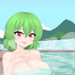  1girl bathing breasts cleavage collarbone commentary_request green_hair hair_between_eyes hands_on_own_breasts highres kazami_yuuka large_breasts lasboss_yt mountain naked_towel nature nude onsen open_mouth outdoors partially_submerged pixel_art red_eyes short_hair solo steam touhou towel 